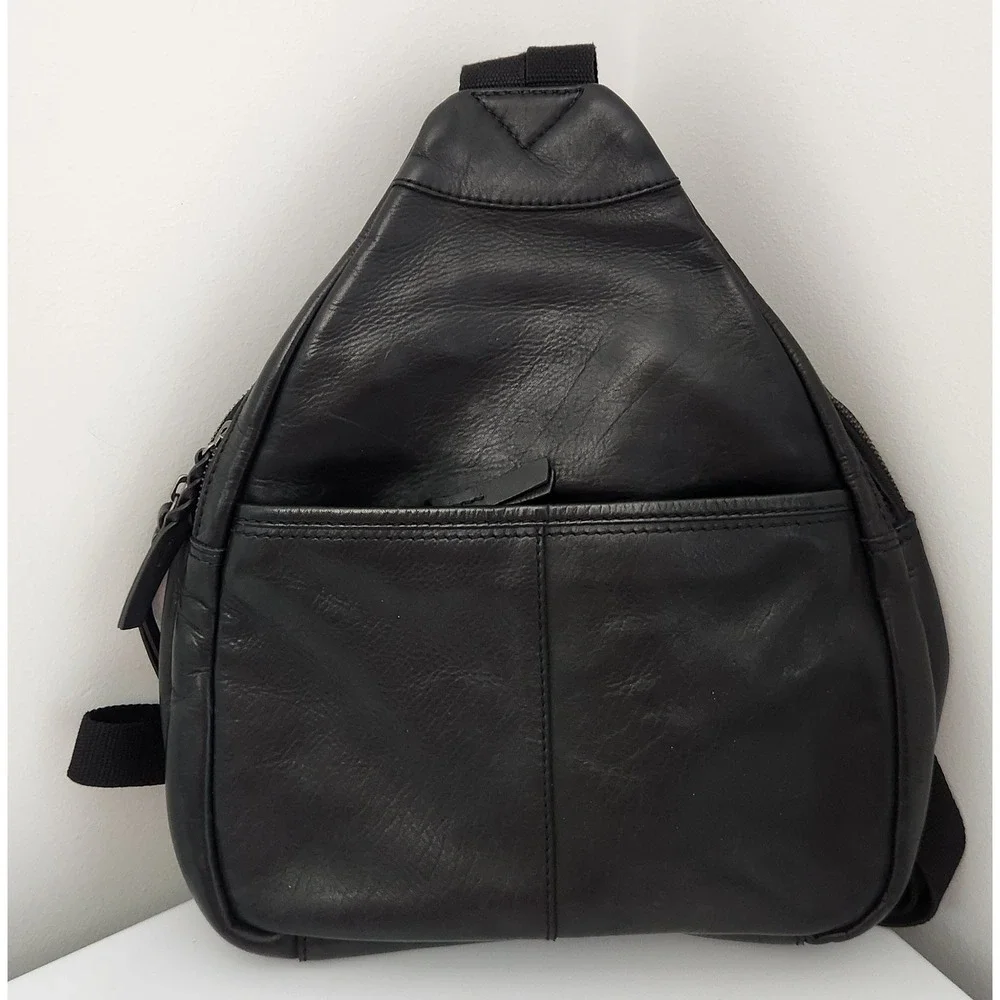 Black Genuine Leather Teardrop Small Backpack Purse Multi Pocket Y2K Style